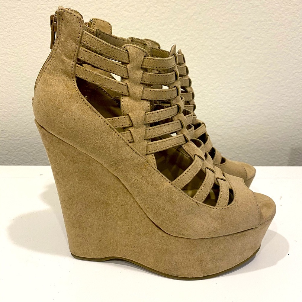 Guess Platform Beige Suede Wedge Sandals